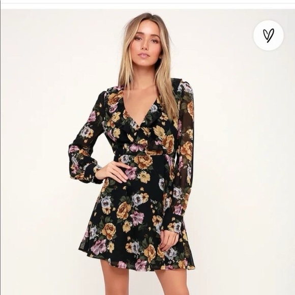 Lulu’s Love Abound Black Floral Print Long Sleeve Dress V-Neck Party Modest - Picture 1 of 7